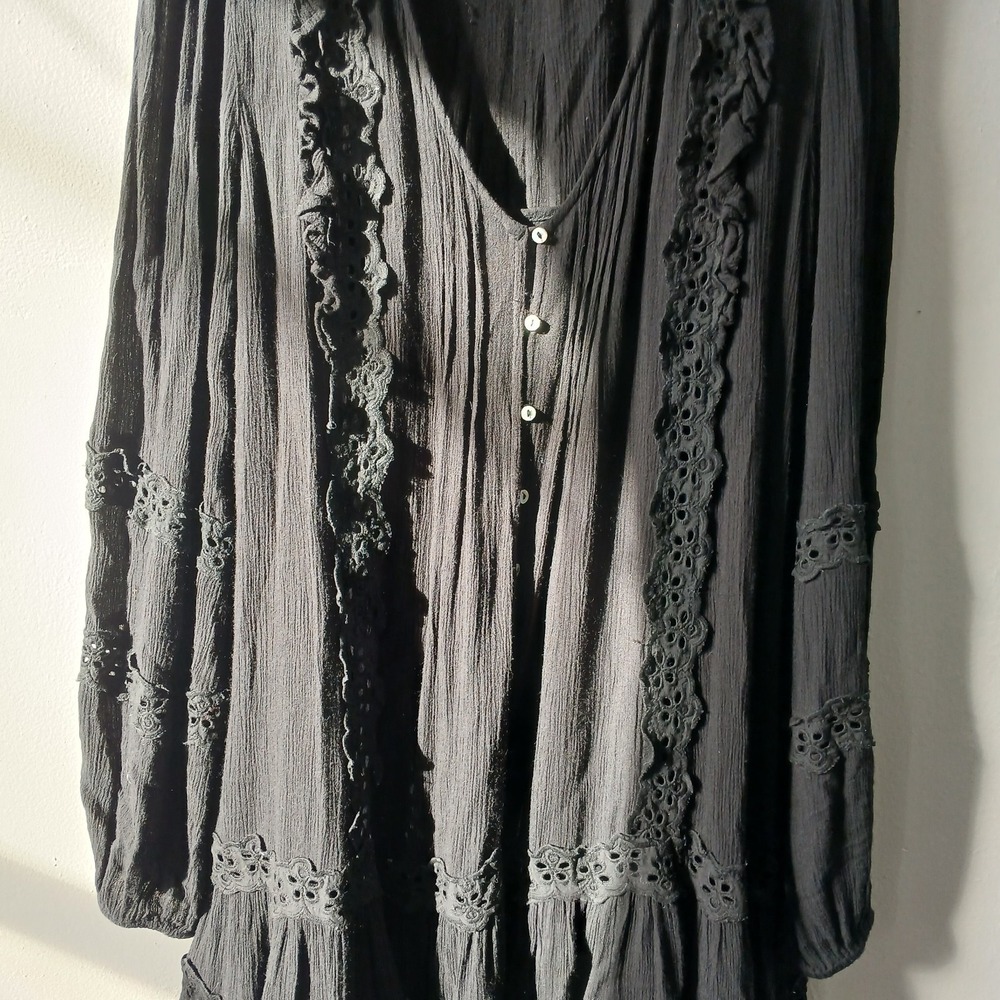 Free People Size Small Snow Angel Mini Dress Black Long Sleeve Bohemian Slip - Picture 3 of 13